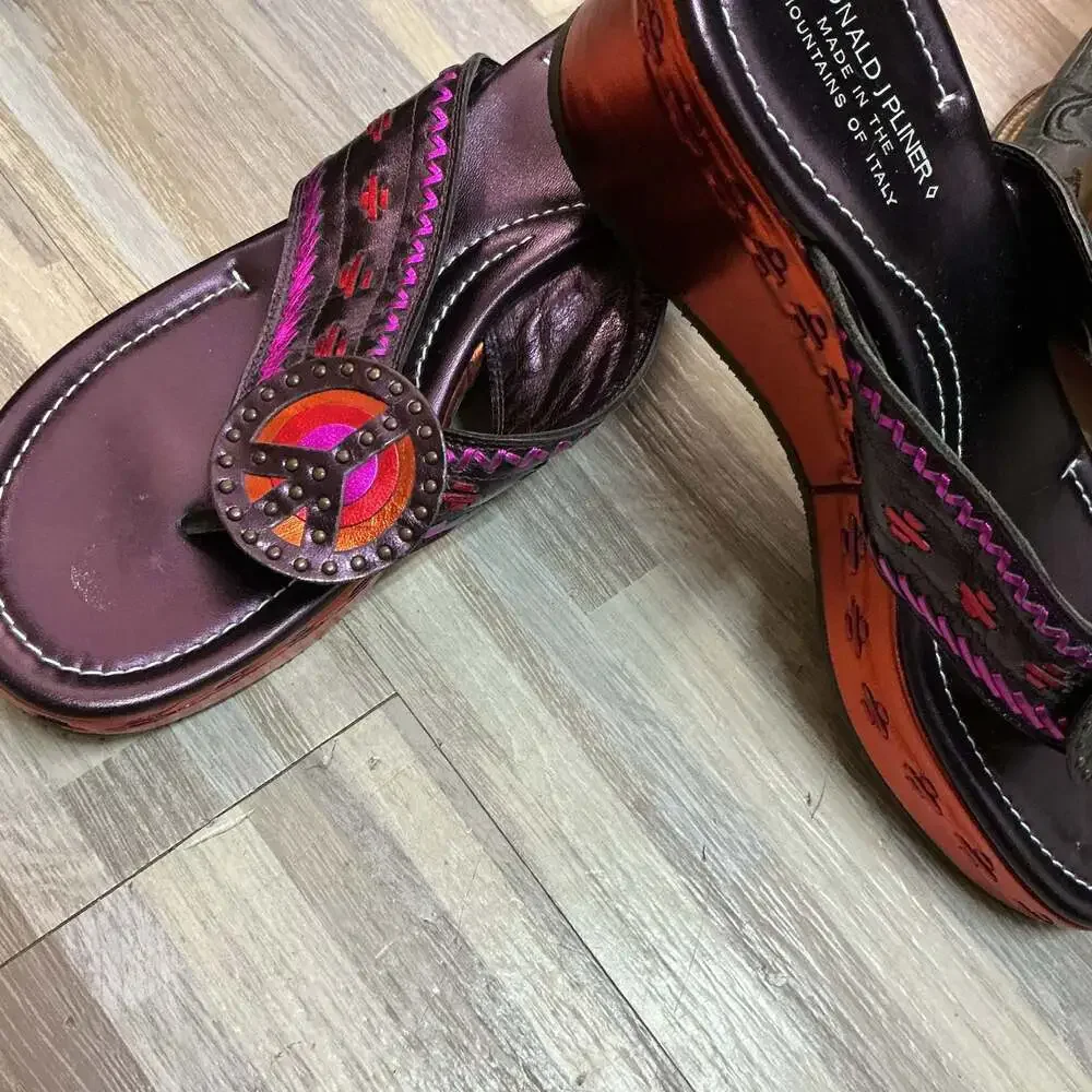 Donald J. Pliner Sidra Metallic Leather Peace Sign Wedge Sandals